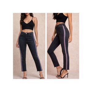 Mother Denim High Waisted Looker Ankle Fray Jeans Guilty Glitter Racer" Stripe